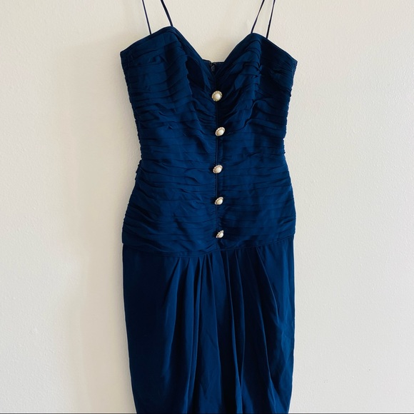 Vintage ST. GILLIAN NAVY BLUE SILK THIN STRAP Mini PARTY DRESS button front - Picture 6 of 7
